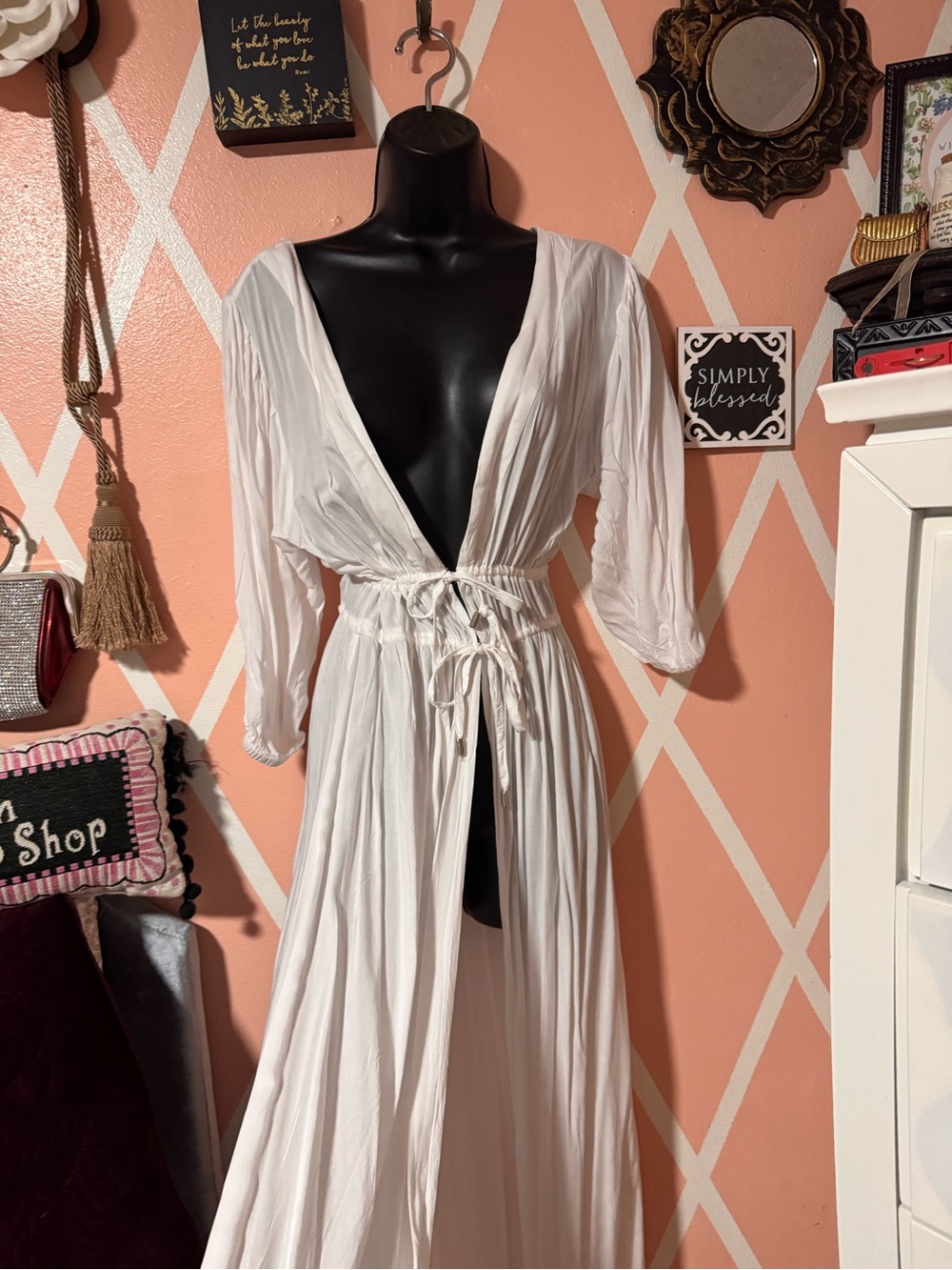 Elan White Deep-V Tie-Waist Maxi Cover Up